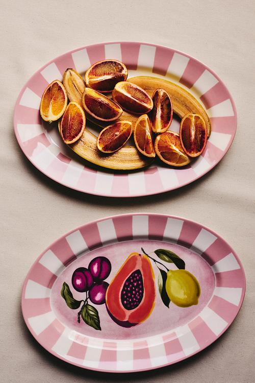 Large motif-detail serving plate -  pink/fruits