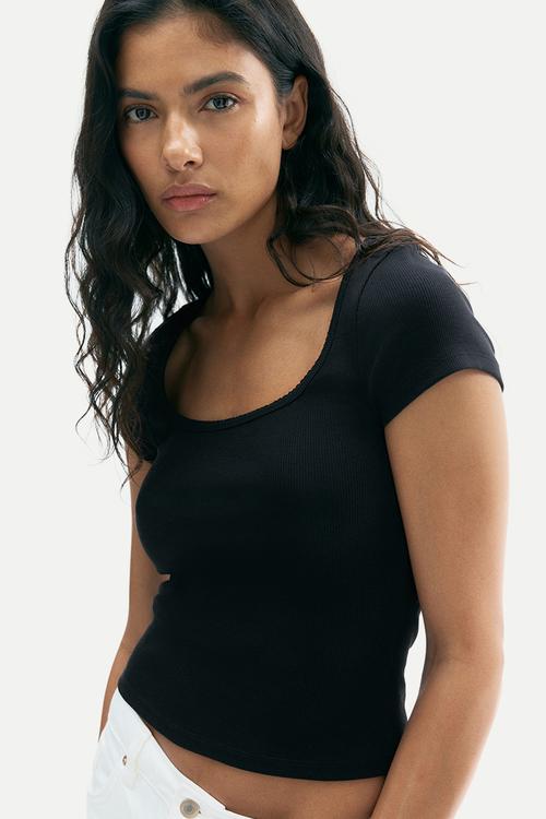 Picot-trimmed ribbed t-shirt - black