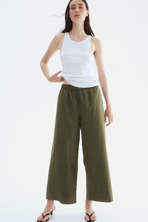 Ankle-length cotton trousers - dark khaki green