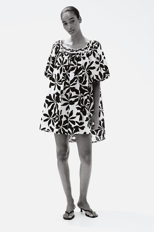 Balloon-sleeved tunic dress - white & black floral