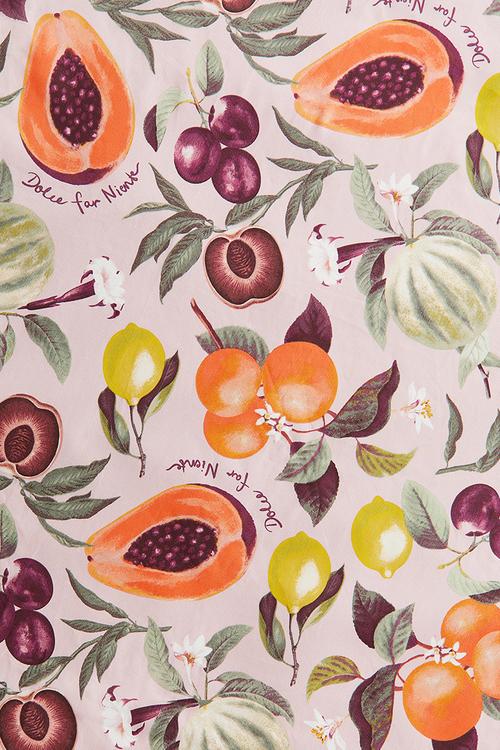 Round water-repellent tablecloth - dusty pink/fruits