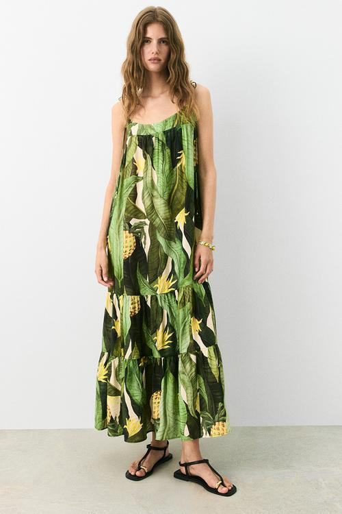 Tie-strap maxi dress - green patterned