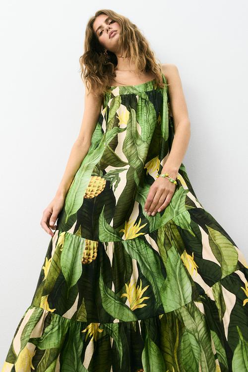 Tie-strap maxi dress - green patterned