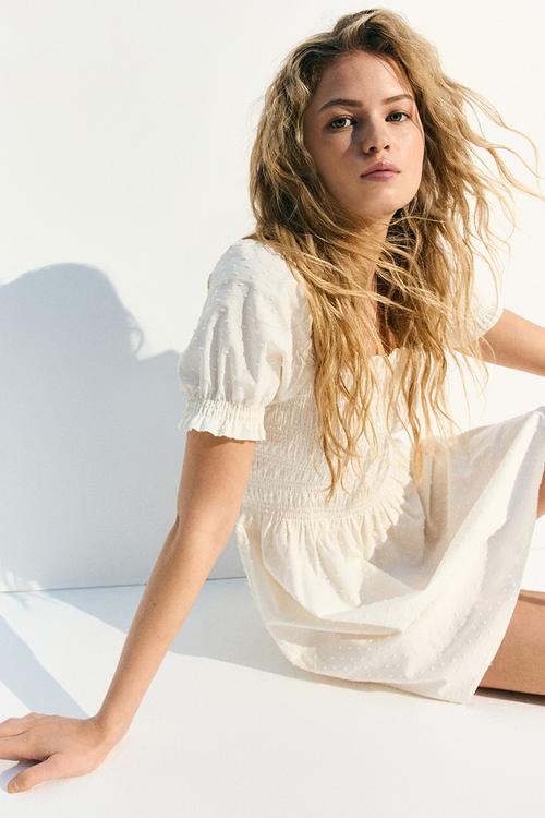 Smocked poplin dress - cream