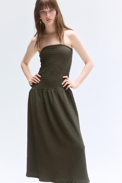 Smocked bandeau dress - dark green