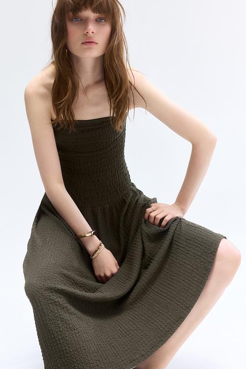 Smocked bandeau dress - dark green