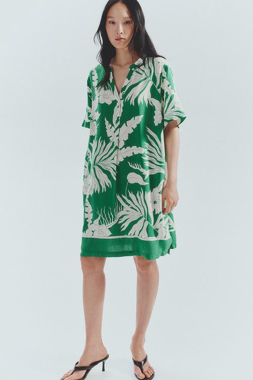 Viscose tunic dress - green & white floral