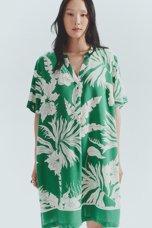 Viscose tunic dress - green & white floral