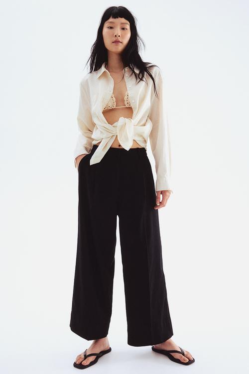 Wide linen-blend trousers - black