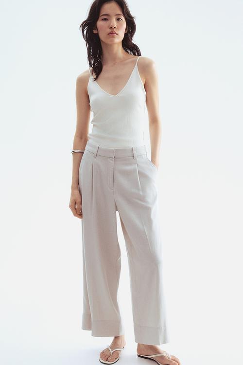 Wide linen-blend trousers - beige