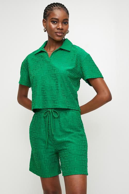 Ladies bella embossed logo jogger shorts - emerald green