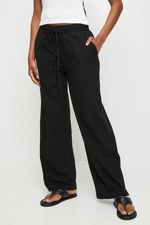 Ladies Straight Drawcord Linen Trouser - Black