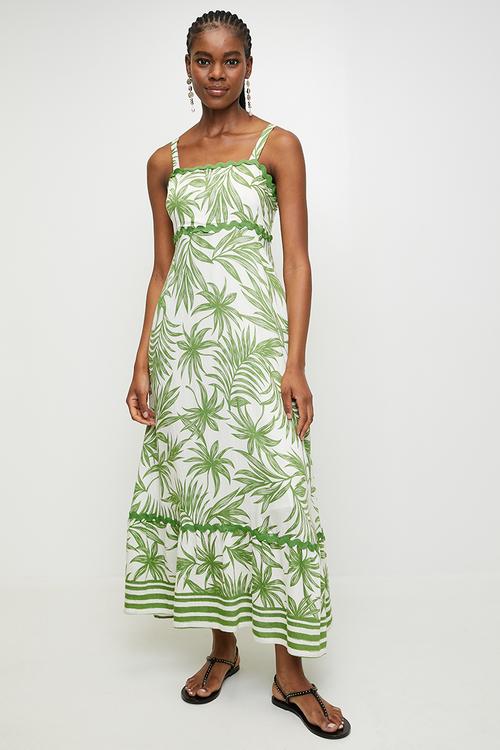Strappy Maxi Dress With Zig Zag Trim Detail Palm Allover Print - Green