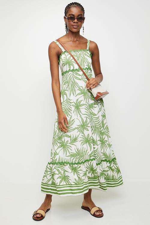 Strappy Maxi Dress With Zig Zag Trim Detail Palm Allover Print - Green