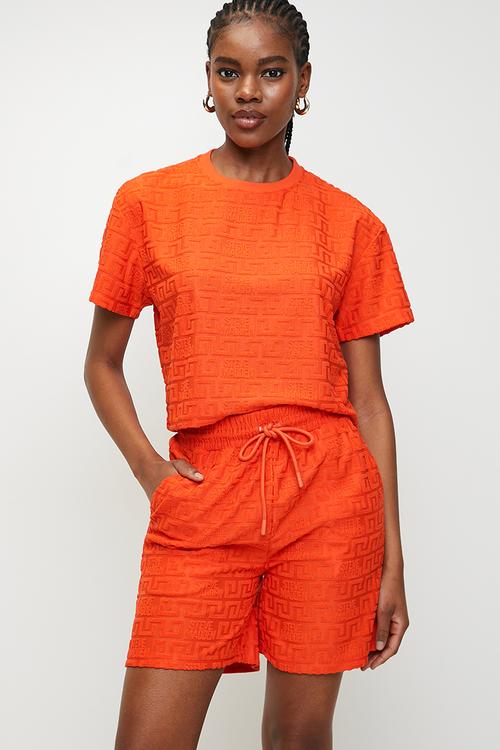 Ladies bella embossed logo jogger shorts - tangerine