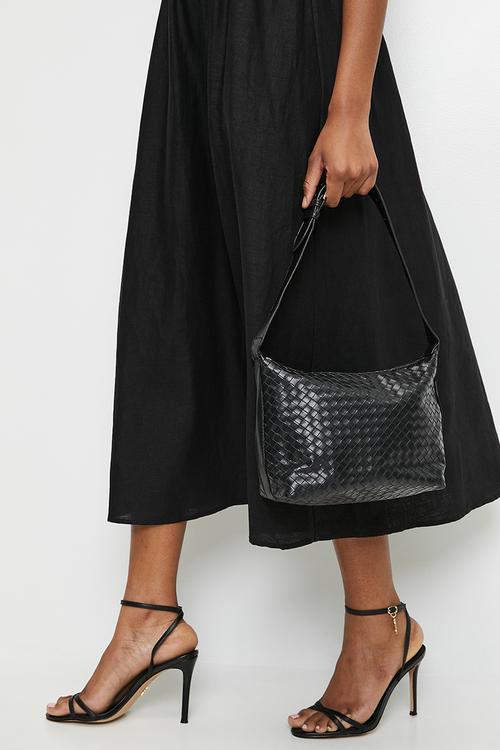 Lisette woven shoulder bag with buckle strap - black