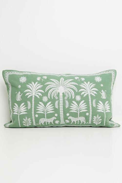 Tropica embroidered woven cushion cover - olive