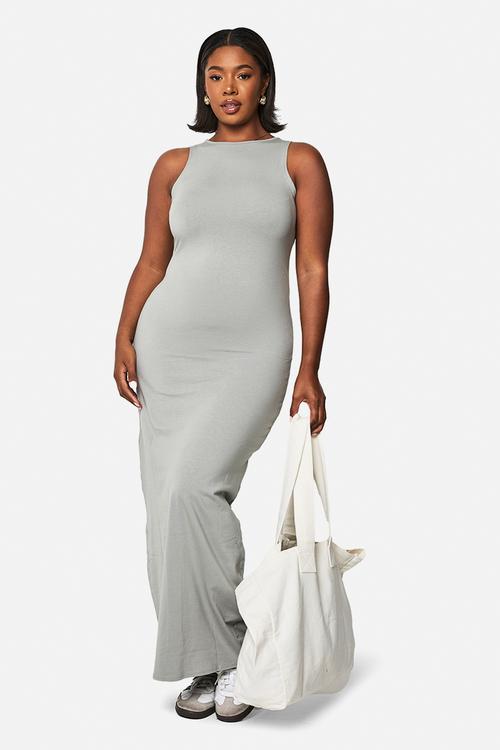 Plus racer neck maxi dress -  grey