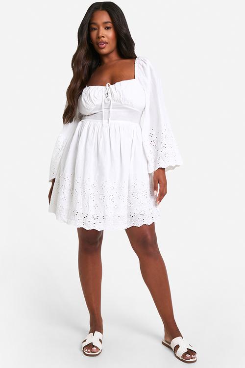 Plus woven broderie tie detail milkmaid mini dress -  white