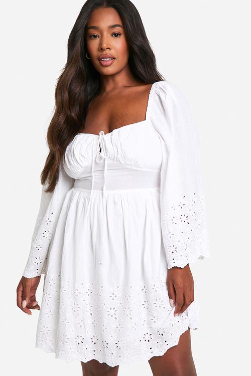 Plus woven broderie tie detail milkmaid mini dress -  white