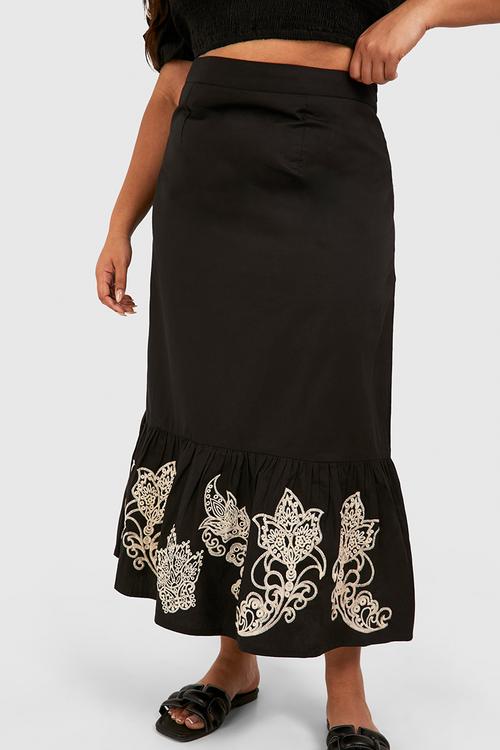 Plus woven embroidery midaxi skirt -  black
