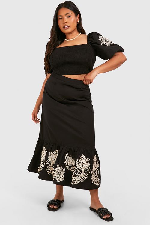 Plus woven embroidery midaxi skirt -  black