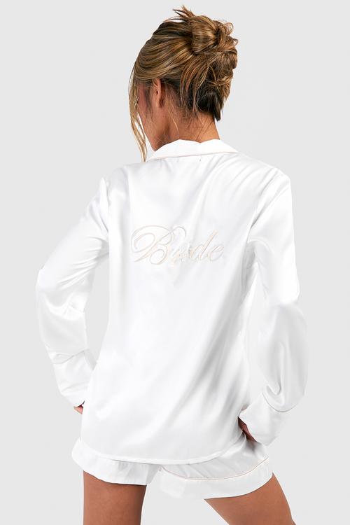 Bridal 'bride' embroidered long sleeve shirt & shorts pyjam - cream