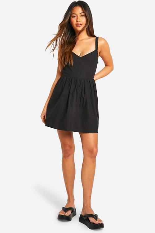 Cotton poplin cross back smock dress -  black