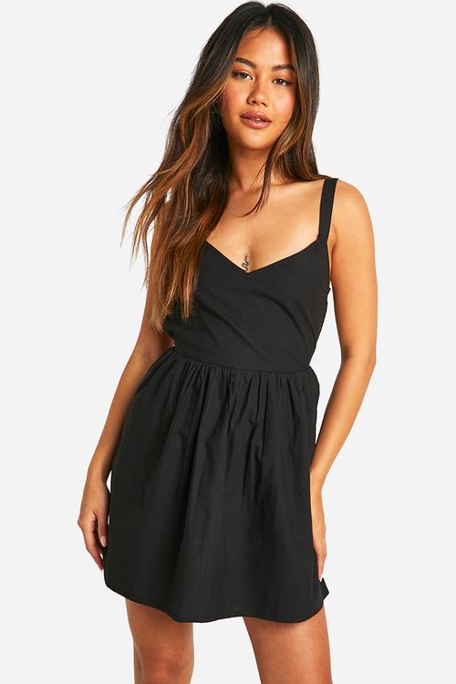 Cotton poplin cross back smock dress -  black