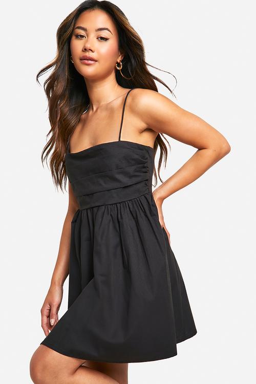 Cotton poplin ruched mini dress -  black