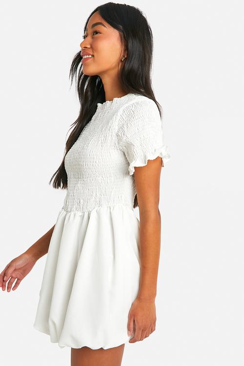 Shirred short sleeve puff sleeve mini dress - white