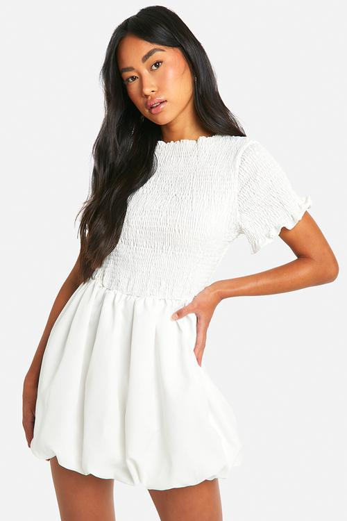 Shirred short sleeve puff sleeve mini dress - white