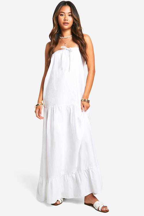 Cotton poplin bandeau volume maxi dress - white
