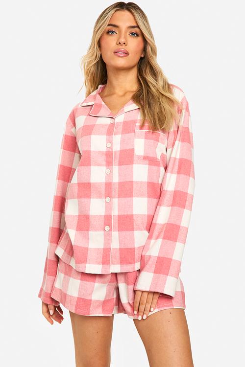 Pink check flannel long sleeve shirt & shorts pyjama set - pink