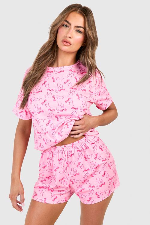 Bow print short sleeve T-shirt & shorts pyjama set - pink