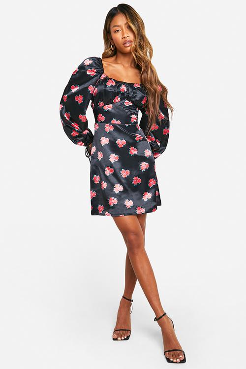 Floral puff sleeve mini dress - black