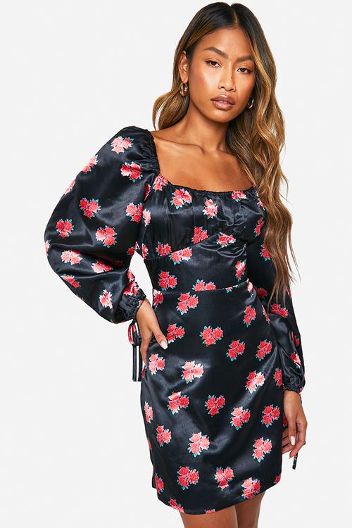 Floral puff sleeve mini dress - black
