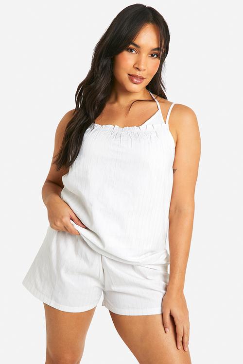 Plus pinstripe strappy cami and short pyjama set - white