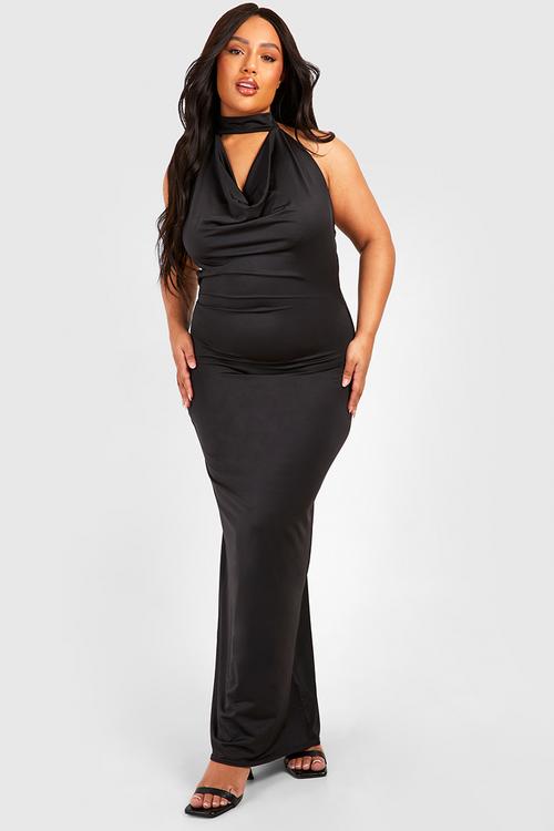 Plus drape halterneck slinky maxi dress -  black
