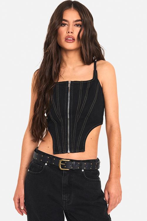 Dip Hem Bust Cup Denim Corset - Washed Grey