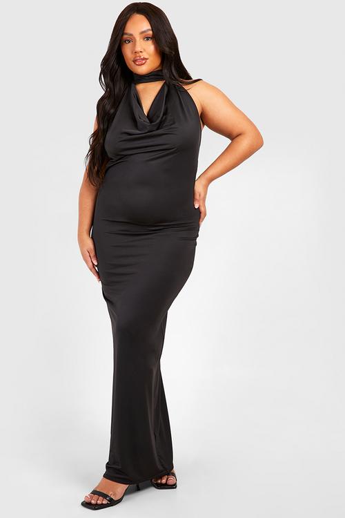 Plus drape halterneck slinky maxi dress -  black