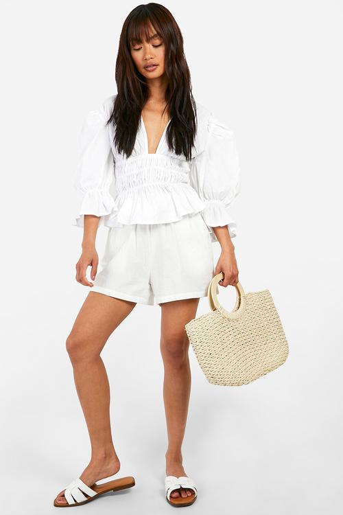Volume sleeve tie back cotton poplin top - white