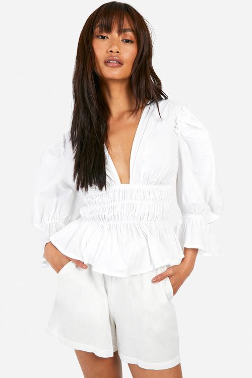 Volume sleeve tie back cotton poplin top - white