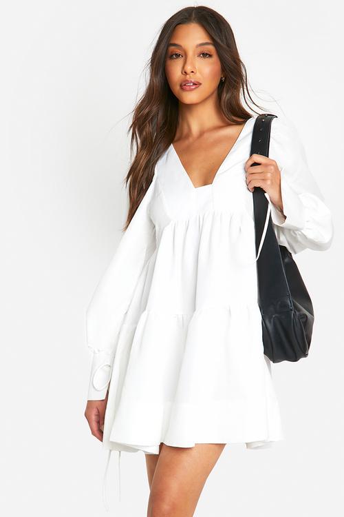 Puff sleeve tiered smock dress - white