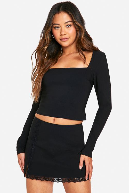 Lace detail square neck crop & mini skirt - black