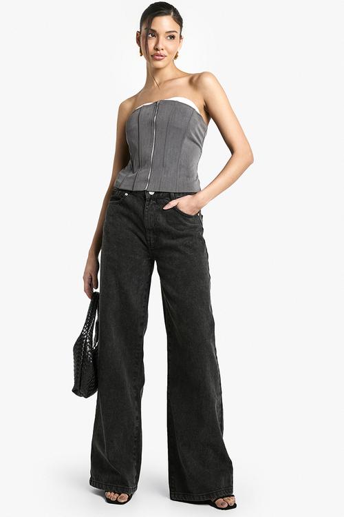 Zip up front longline corset - grey