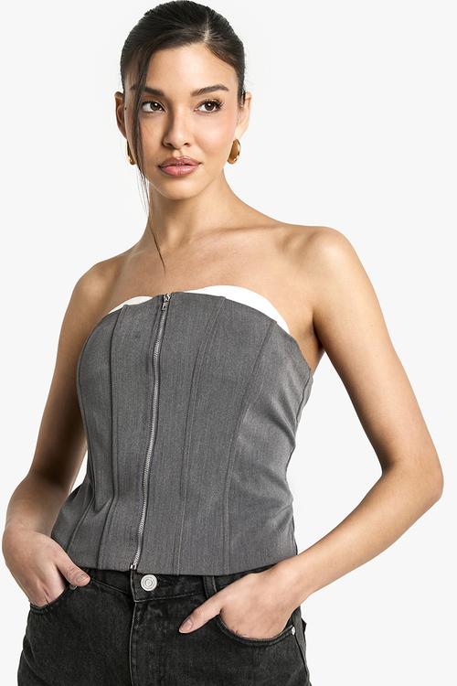 meer. メーア　CORSET DESIGN TOP /GRY Dip Hem Bust Cup Denim Corset - Washed Grey
