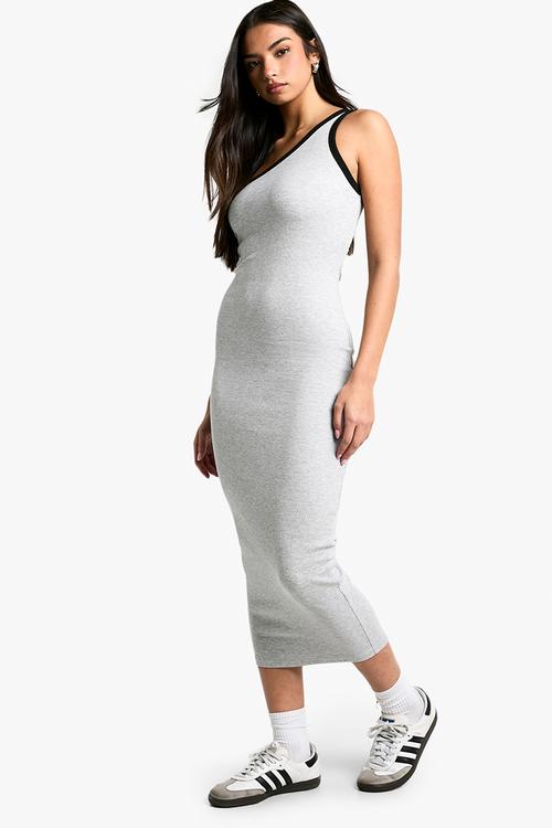 Contrast binding one shoulder midaxi dress - grey marl