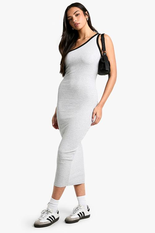 Contrast binding one shoulder midaxi dress - grey marl