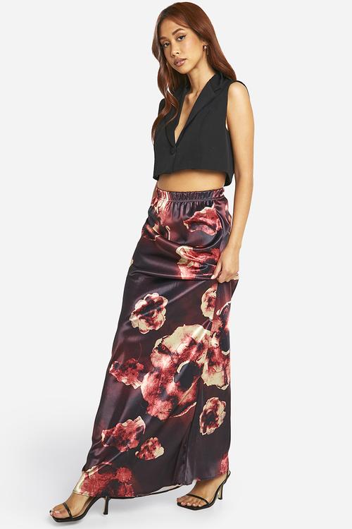 Blurred floral print satin bias maxi skirt - dark mauve